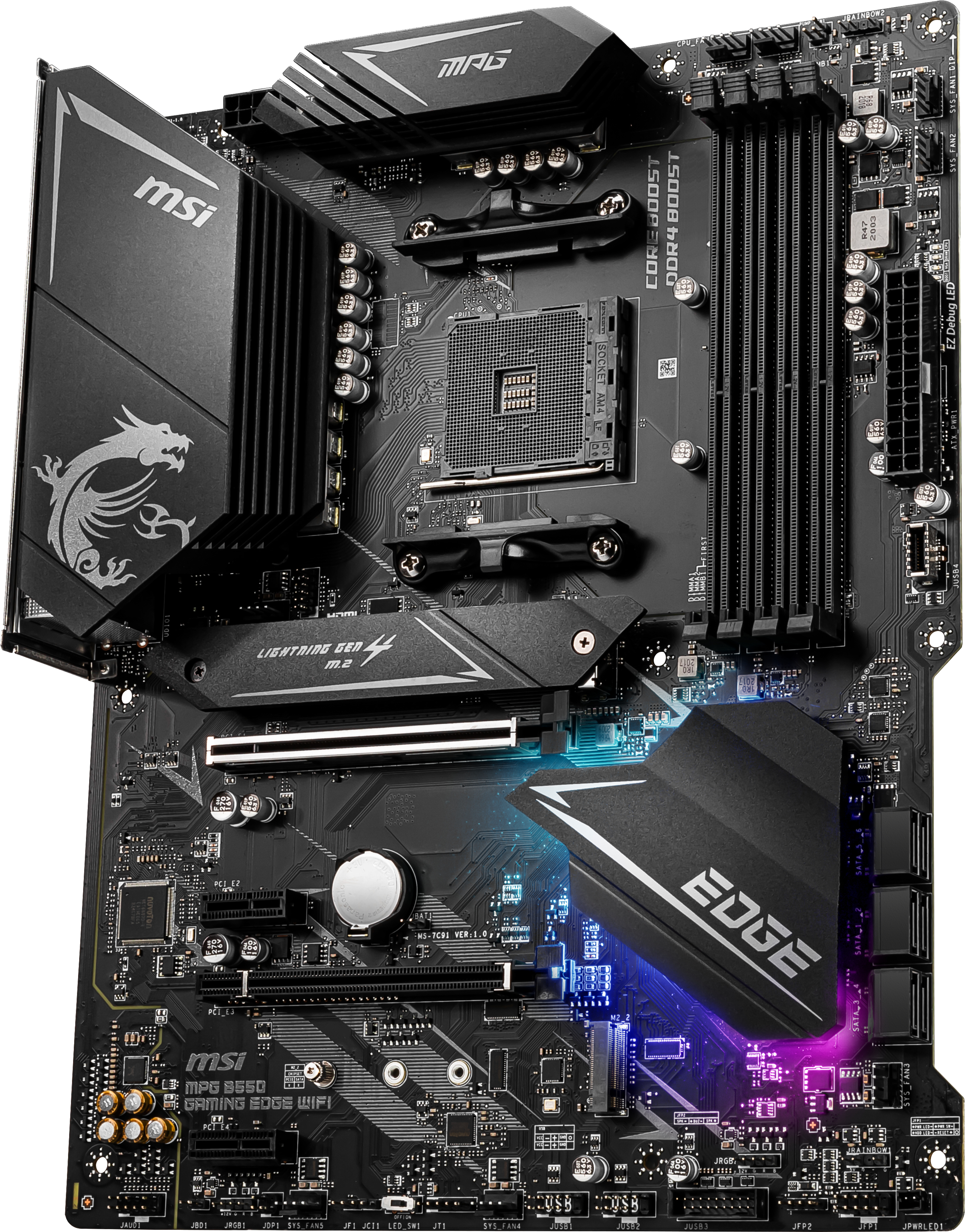 Ein schwarzes MSI-Motherboard mit verschiedenen Komponenten und Logos.