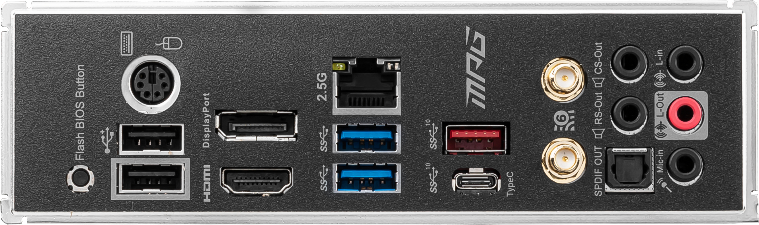 Rückseite einer Hauptplatine mit verschiedenen Anschlüssen, darunter USB, Audio-Buchsen und Display-Ausgänge.