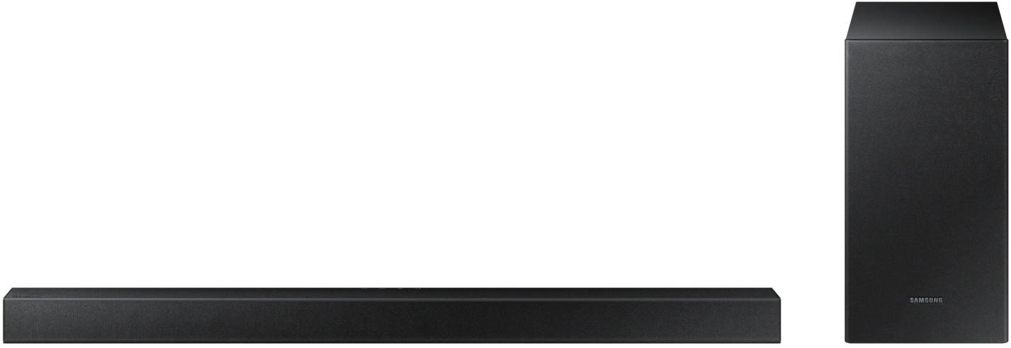 Zwarte soundbar en een subwoofer. De soundbar is lang en de achtergrond is wit.