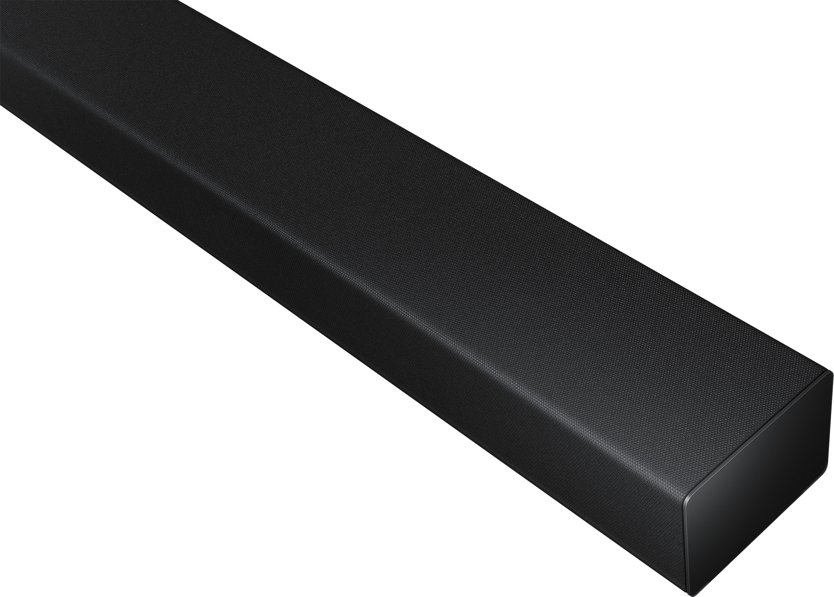 Zwarte soundbar, rechthoekige vorm, met een mesh-achtige textuur en schuine hoeken.