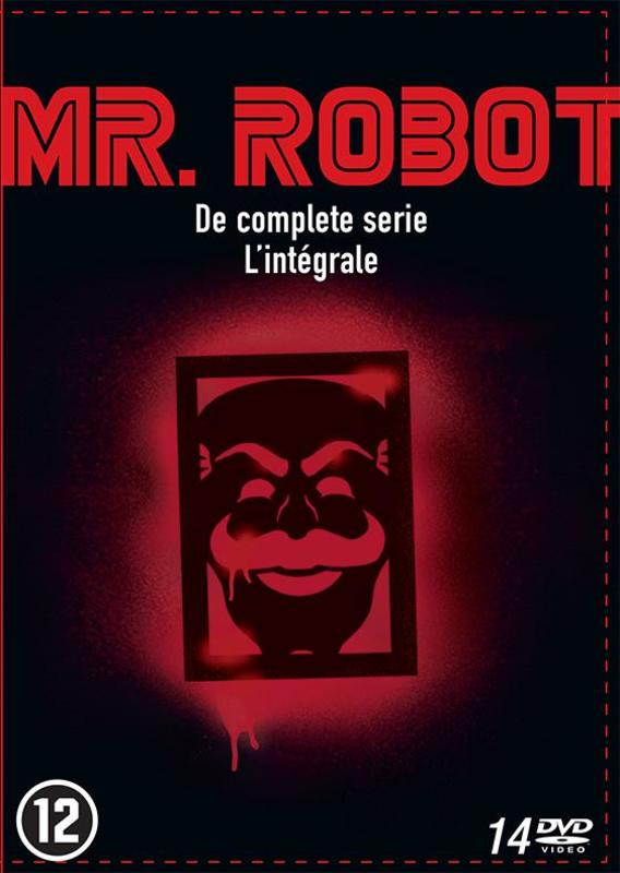 Filmposter met een rode achtergrond. De tekst is 'Mr. Robot'. Een gezicht staat in een kader. Een 12-teken.