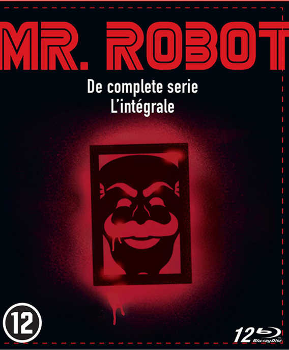 Couverture DVD de Mr. Robot avec un masque illustré et le texte "De complete serie L'integrale".