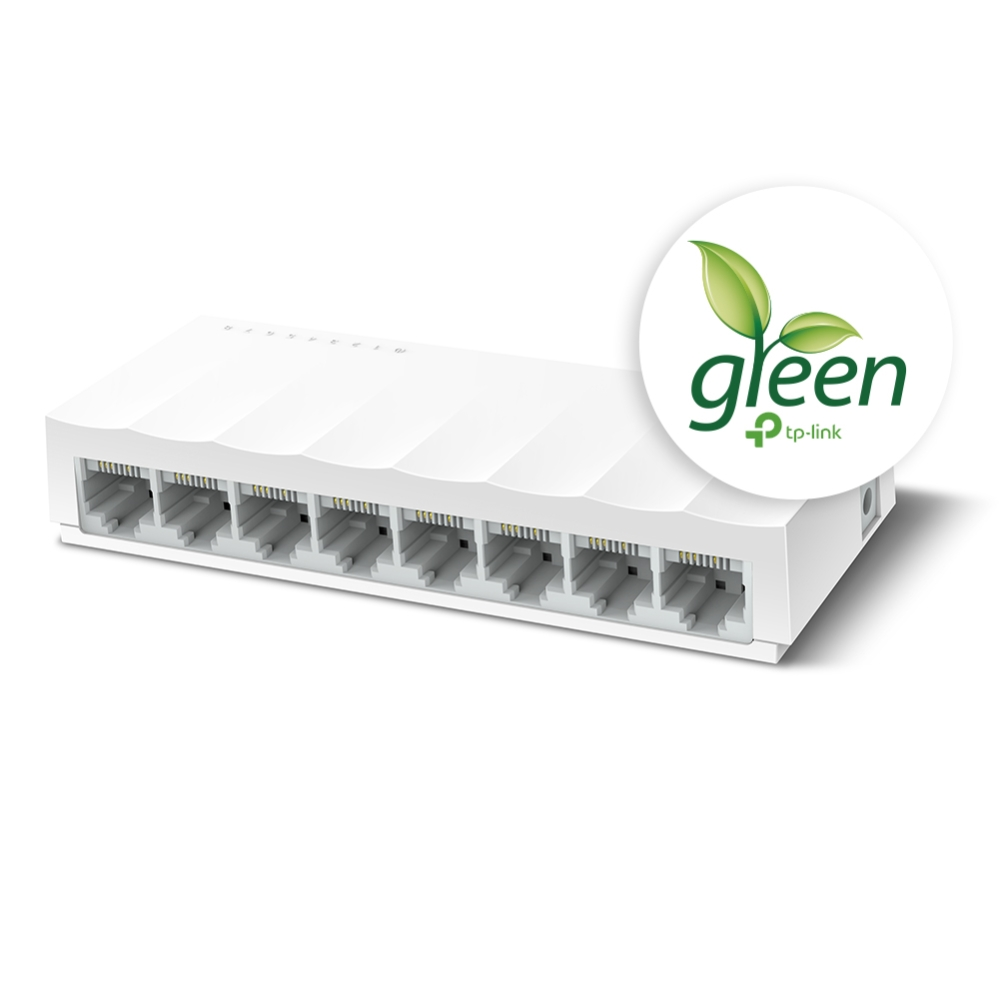 Yeşil logolu beyaz TP-Link ağ anahtarı, beyaz arkaplanda.