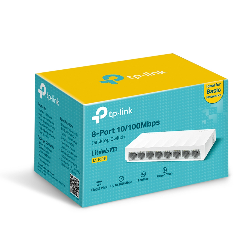 TP-Link 8-Port 10/100Mbps Masaüstü Anahtar kutusu, özellikler ve spesifikasyonlarla.
