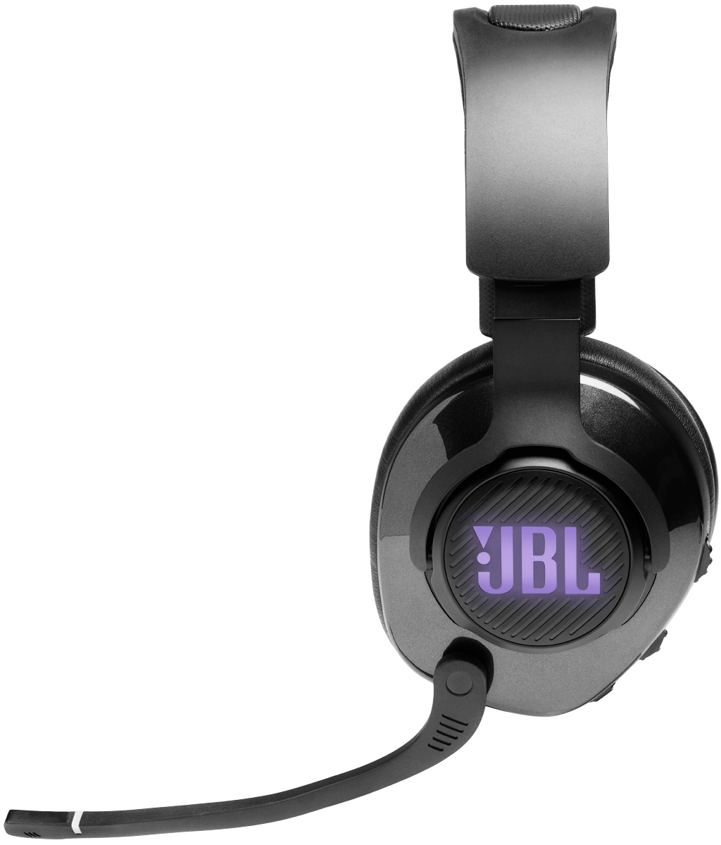 Schwarze JBL-Kopfhörer mit lila Logo und Mikrofon.