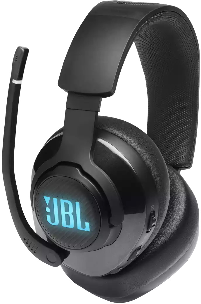 Schwarzes JBL Gaming-Headset mit Mikrofon und blauem Logo.