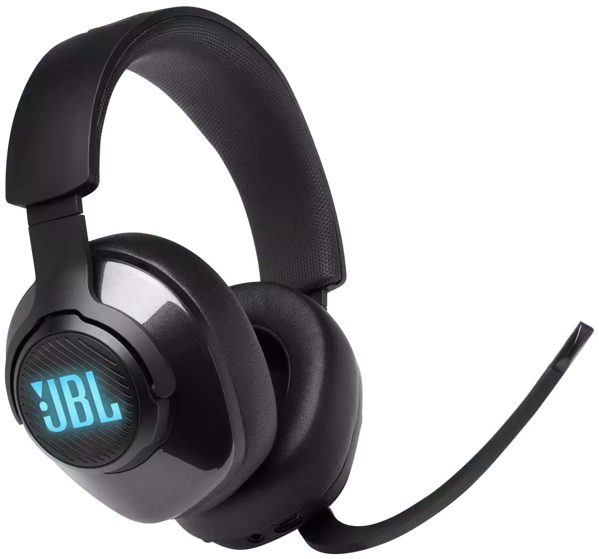 Schwarze Kopfhörer mit Mikrofon. Das JBL-Logo ist auf der Ohrmuschel sichtbar.