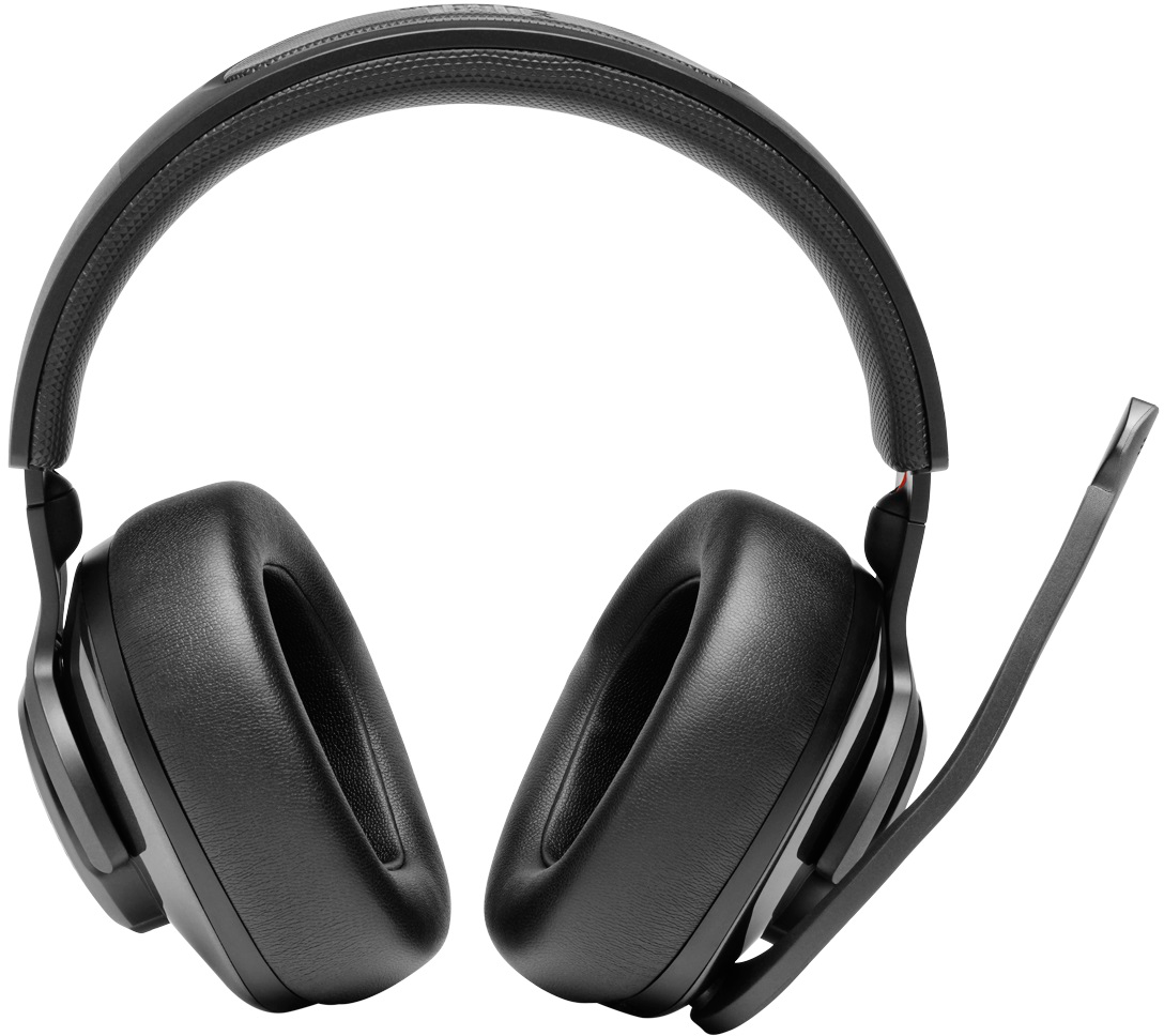 Schwarze Gaming-Kopfhörer mit Mikrofon, Nahaufnahme, freigestellt auf Weiß.