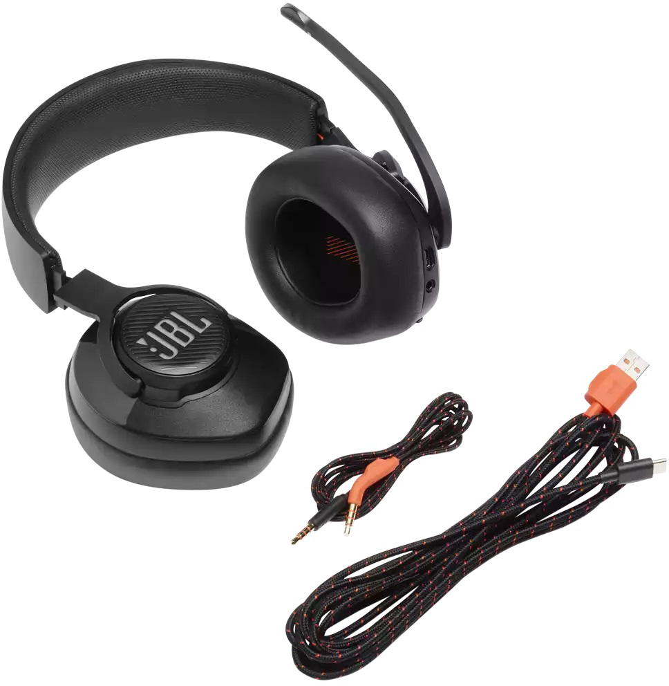 Schwarze JBL-Kopfhörer mit Mikrofon, USB- und Audiokabeln.