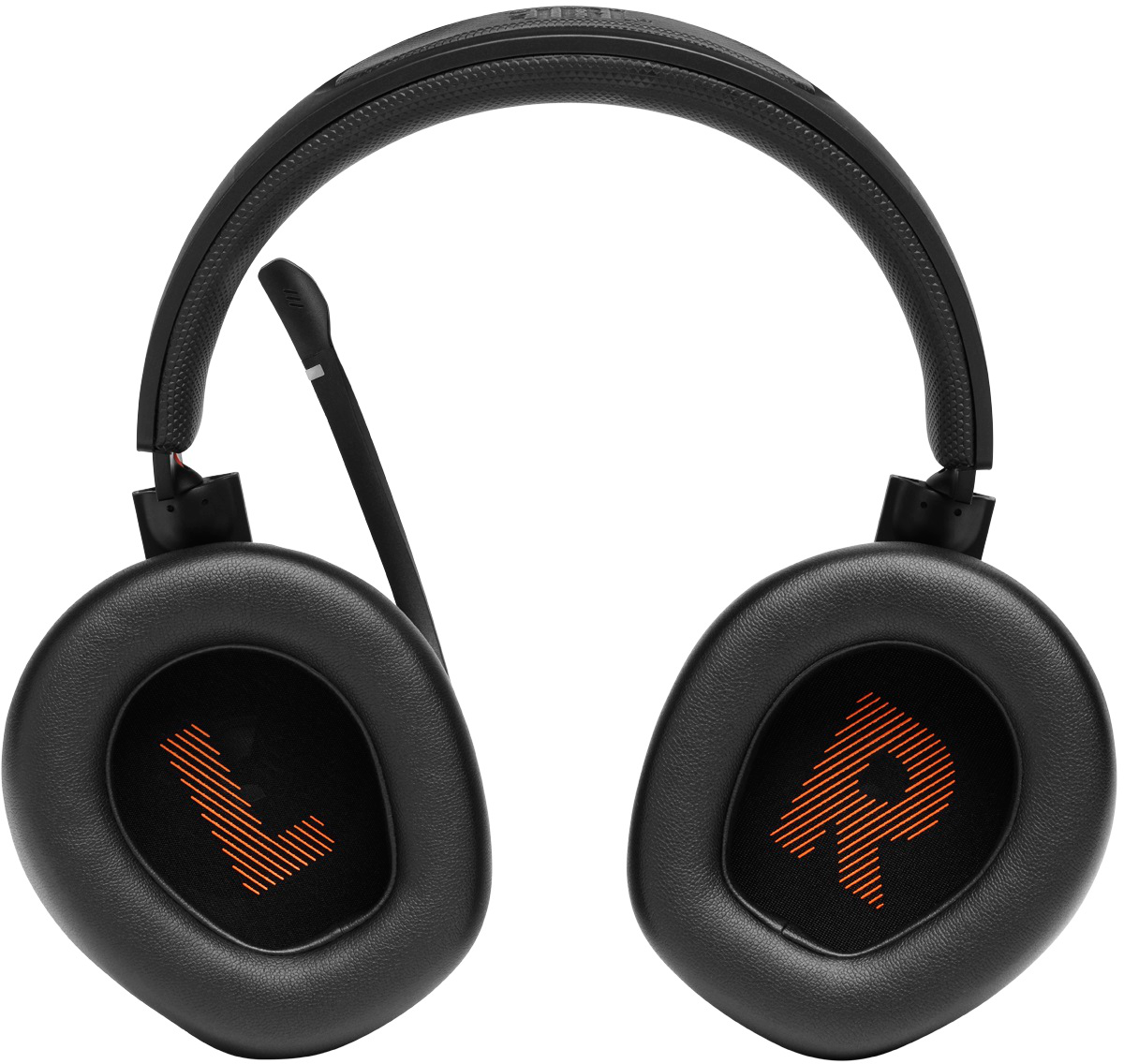 Schwarze Kopfhörer mit orangefarbenen 'L' und 'R' auf den Ohrmuscheln und Mikrofon.