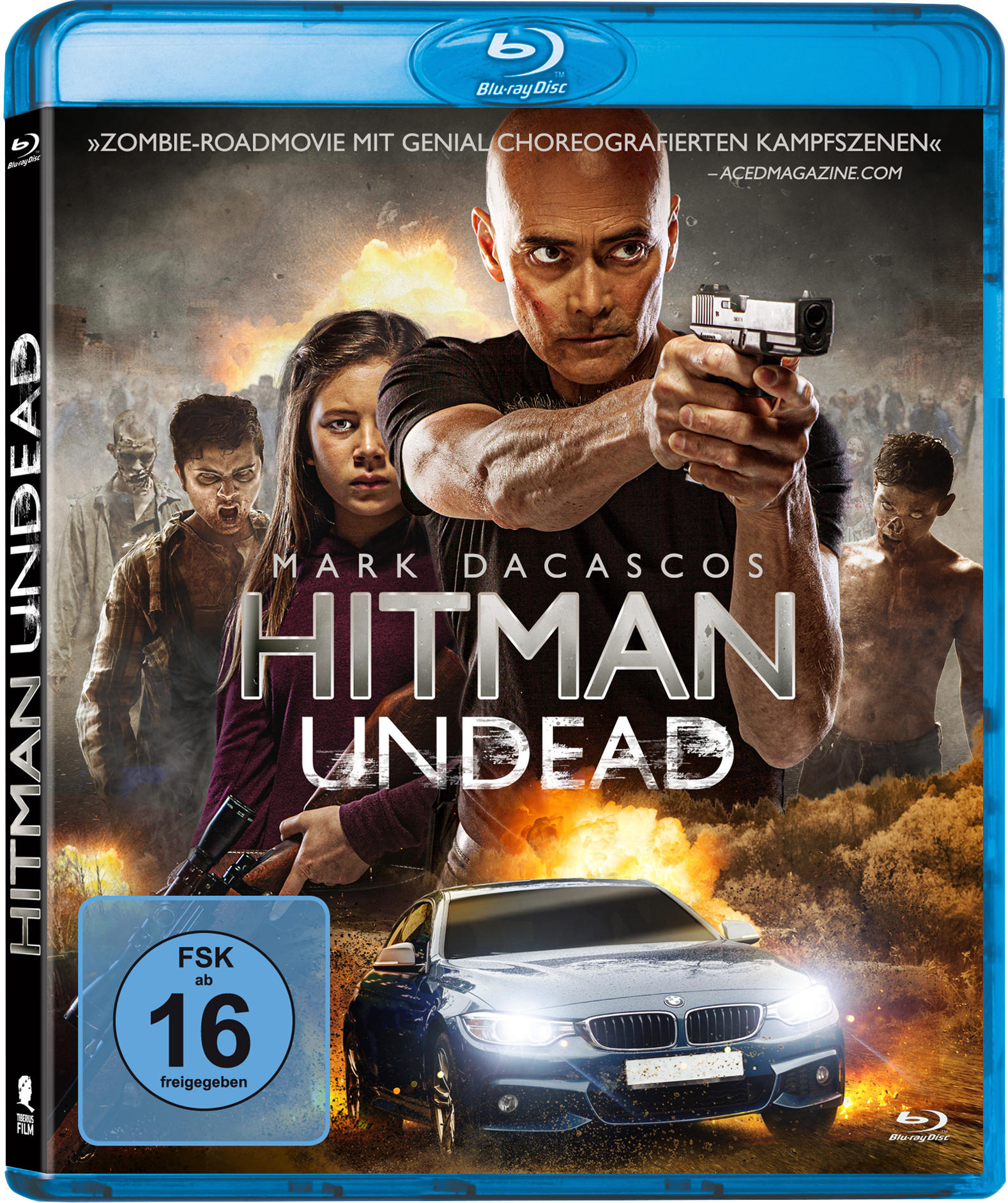 Filmcover von Hitman Undead, ein Mann mit einer Pistole, ein Mädchen, Zombies und ein Auto.
