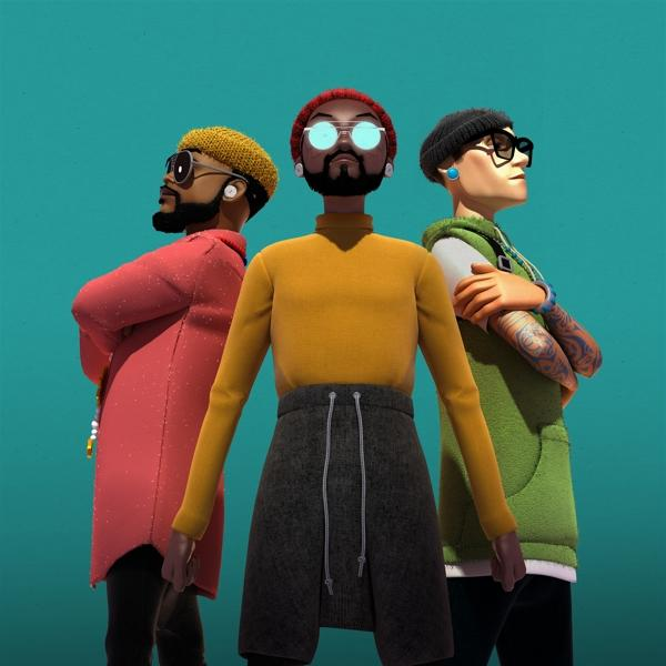 Drie cartoonfiguren in trendy kleding.
