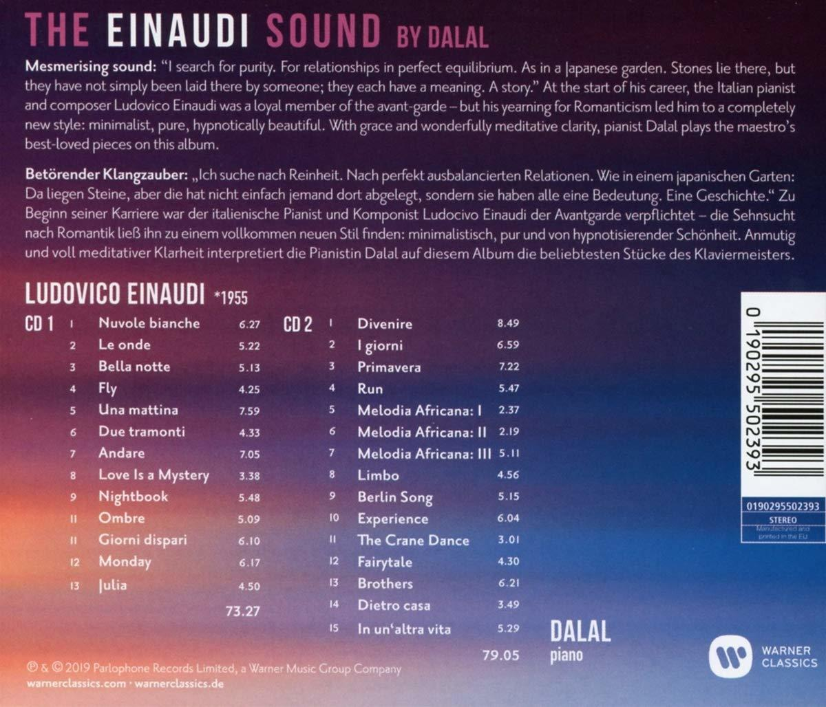 Pochette de CD avec texte. En haut, 'Einaudi Sound' par Dalal. Liste des titres et pochette de l'album visibles.