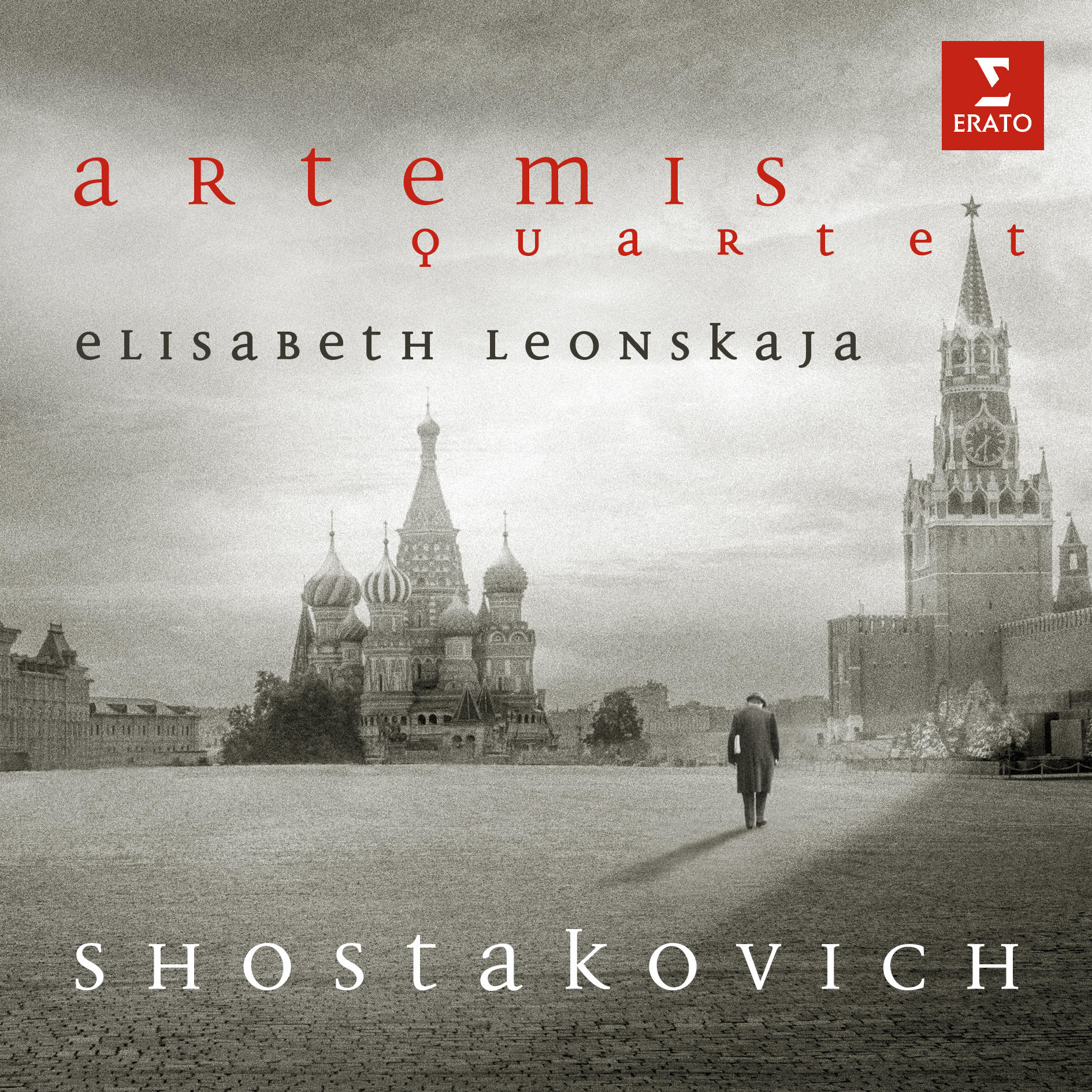 Albumcover mit russischer Kathedrale und einem Mann. Text: 'ARTEMIS QUARTET' und 'SHOSTAKOVICH'.