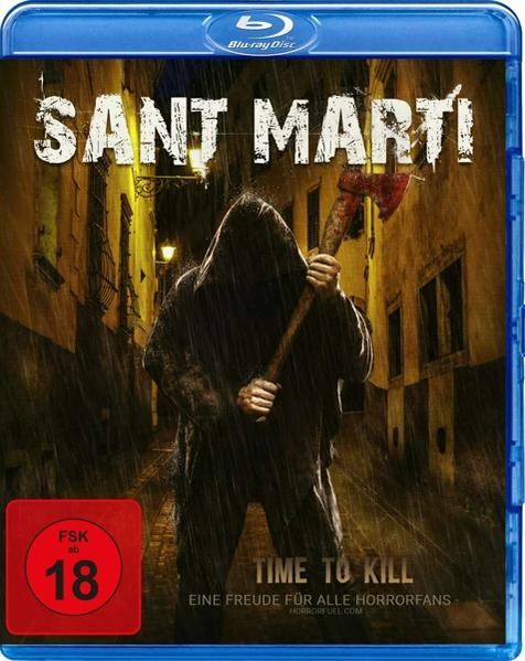 Blu-ray-Cover von Sant Marti, Person mit Axt im Regen. Dunkler, städtischer Hintergrund, FSK 18-Aufkleber.
