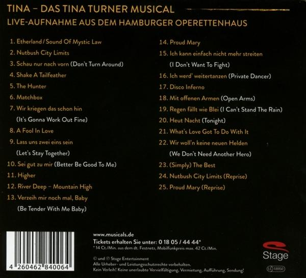 CD-Cover mit Titelliste für das Musical Tina. Es zeigt den Titel und eine Liste von Songs.