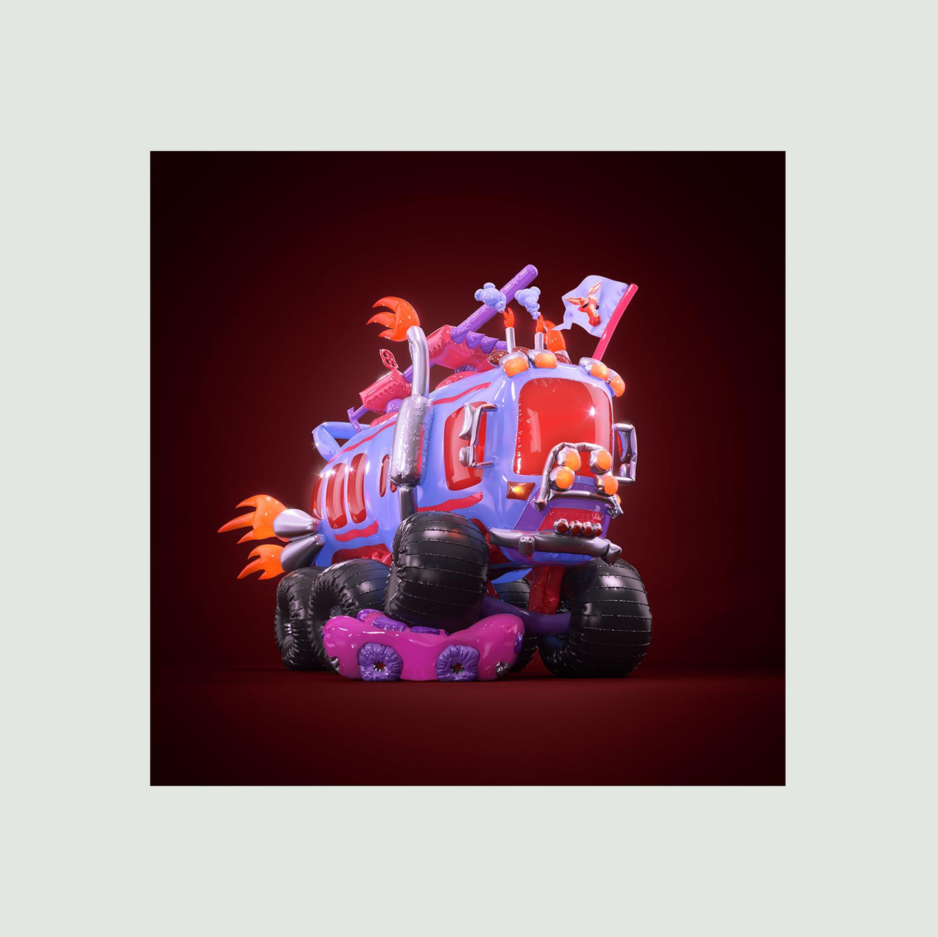 Cartoon-Monster-Truck in roter Szene, mit kleinerem Auto.