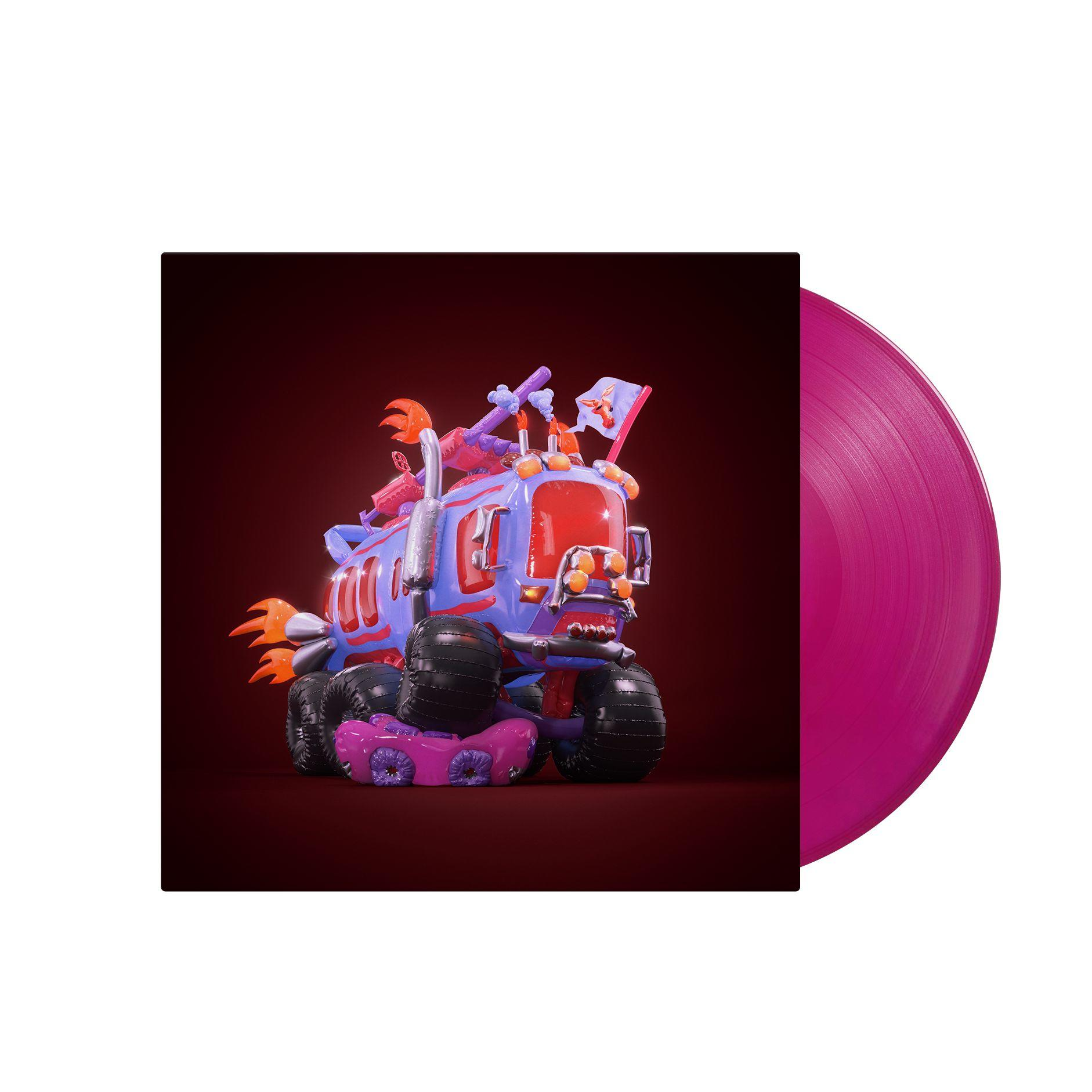 Ein cartoonartiges Fahrzeug auf einem Vinyl-Schallplattencover. Lila Platte rechts.