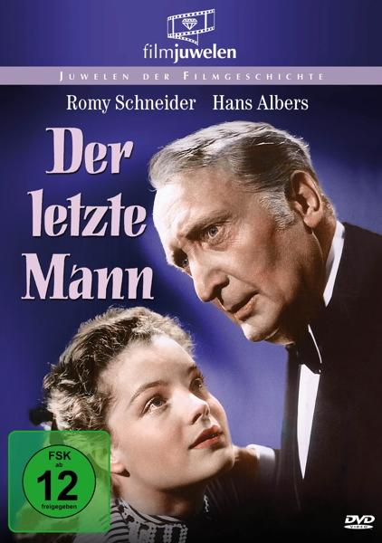 Filmplakat, 'Der letzte Mann'. Romy Schneider und Hans Albers. Blauer Hintergrund und ein grünes Label.