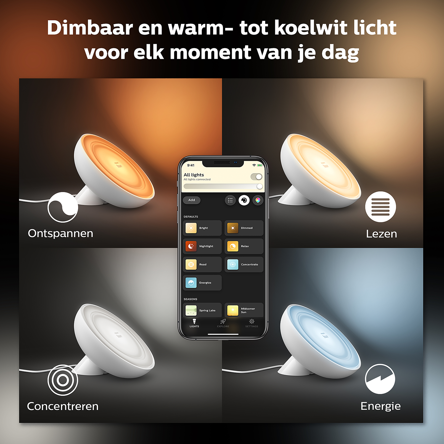 A phone displays options for different lighting settings, with a white lamp showing each setting.