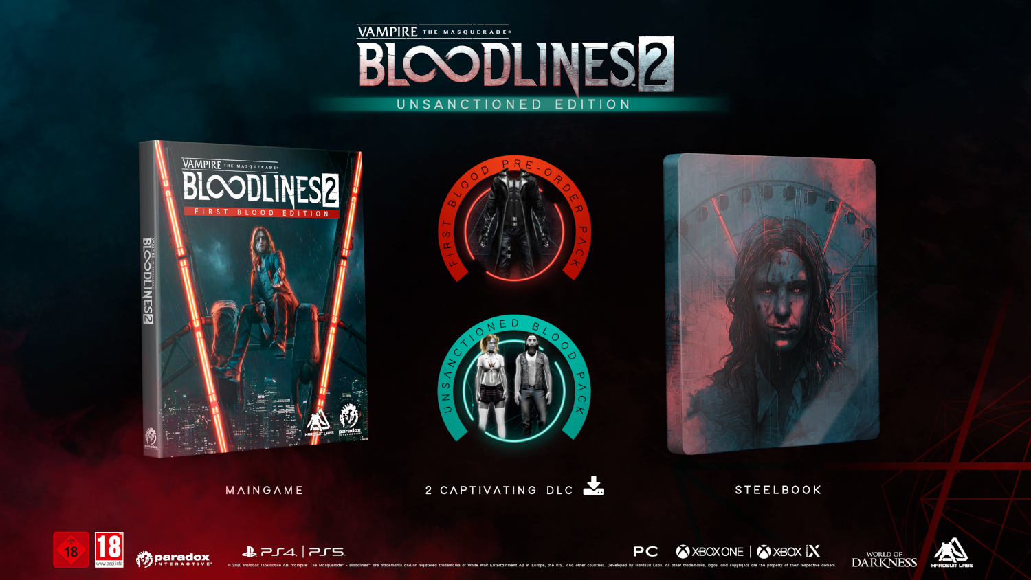 Game-omslag voor Vampire The Masquerade: Bloodlines 2. Bevat gamebox, pre-orderpakket, DLC en steelbook-versies.