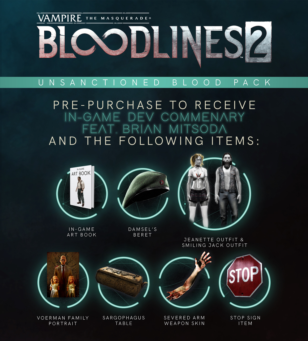 Promotieafbeelding voor Vampire: The Masquerade - Bloodlines 2. Het toont game-items zoals een artbook, outfits, een afgehakte arm en een stopbord.