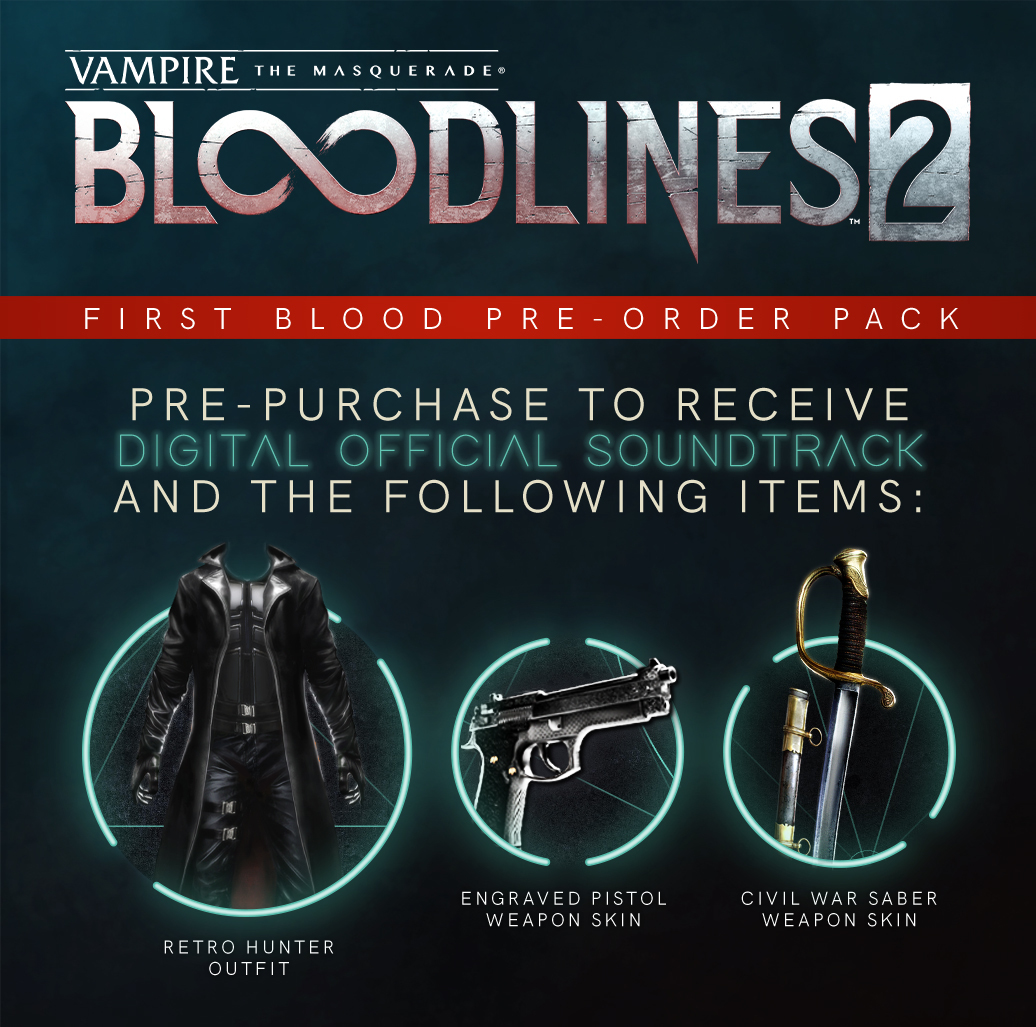 Poster voor Vampire: The Masquerade - Bloodlines 2. Toont retro jagersoutfit, gegraveerd pistool en sabel, alles voor pre-order.