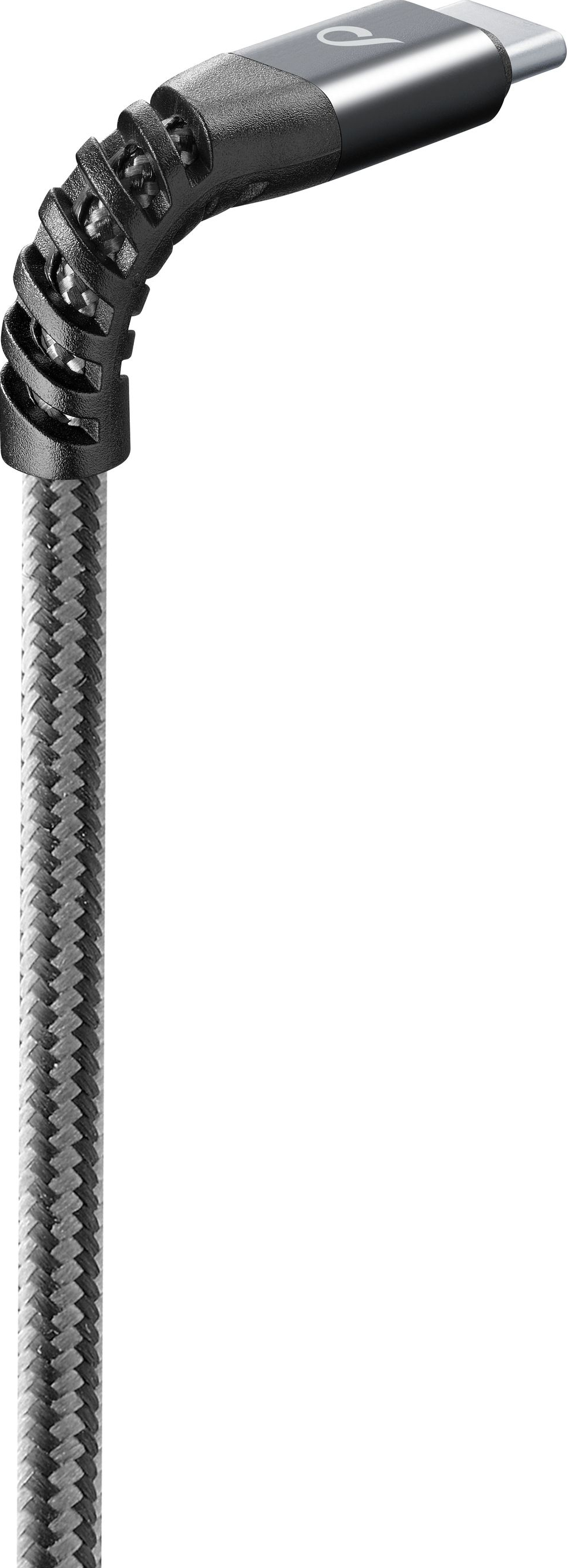 Un câble USB-C tressé gris et noir avec un manchon de protection.