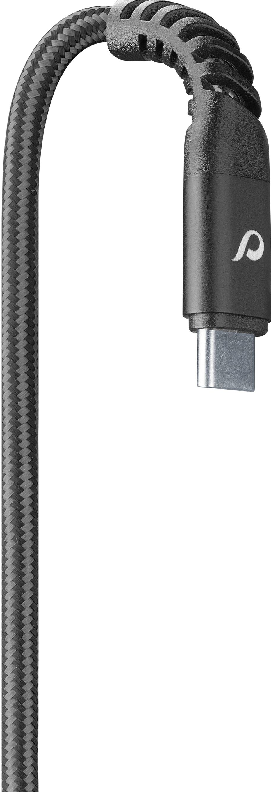 Un câble USB-C noir avec un tissage texturé, se terminant par un connecteur USB-C.