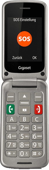 Un téléphone à clapet avec écran SOS. L'écran affiche une icône SOS orange, des options 'Zurück' et 'OK', et le logo Gigaset.