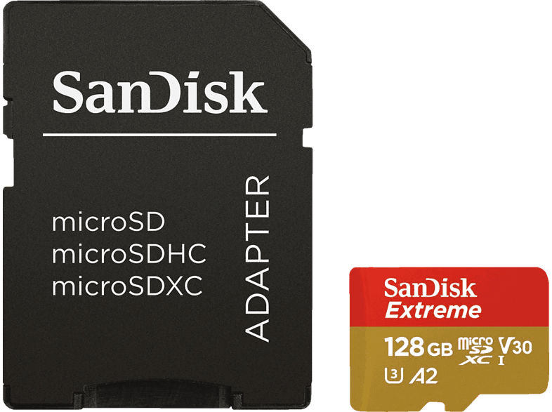Tarjeta Micro SDXC - SanDisk Extreme, 128 GB, 160 MB/s, UHS-I, U3, V30, A2, Clase 10, Adaptador SD, Multicolor