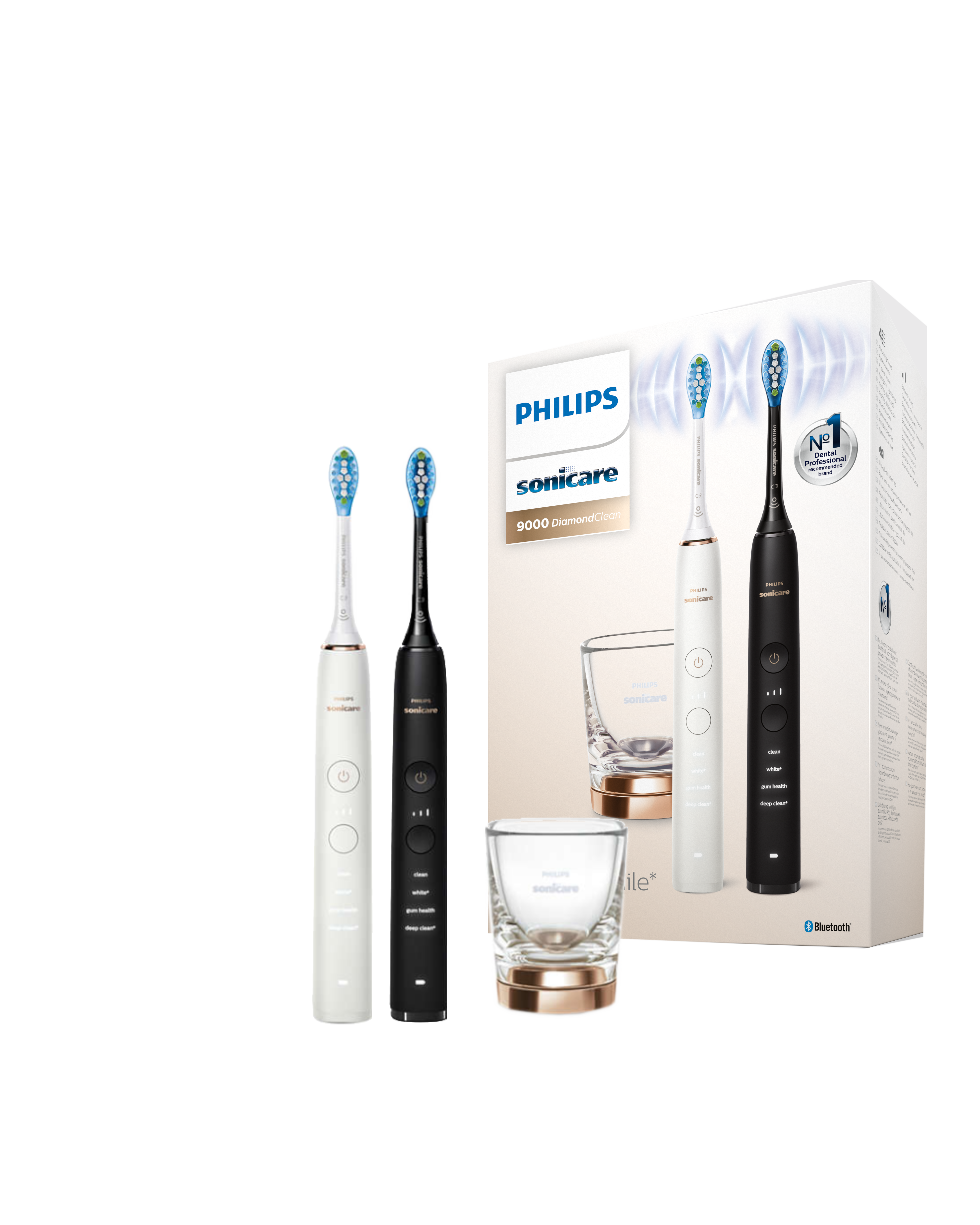 Boxset mit zwei elektrischen Zahnbürsten und einem Ladegerät. Enthält ein Glas und zwei Bürsten.