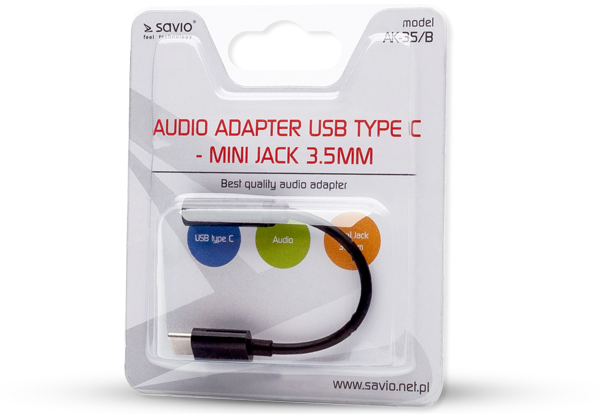 Savio audio adapter USB-C-ről 3,5 mm-es mini-jack-re bliszter csomagolásban.