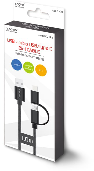 Dobozolt USB-C kábel. A doboz fehér és szürke, csatlakozók és kábel illusztrációival.