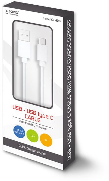 Fehér USB-C kábel egy dobozban, márkajelzéssel. A dobozon a 'USB-USB type C kábel' felirat látható.