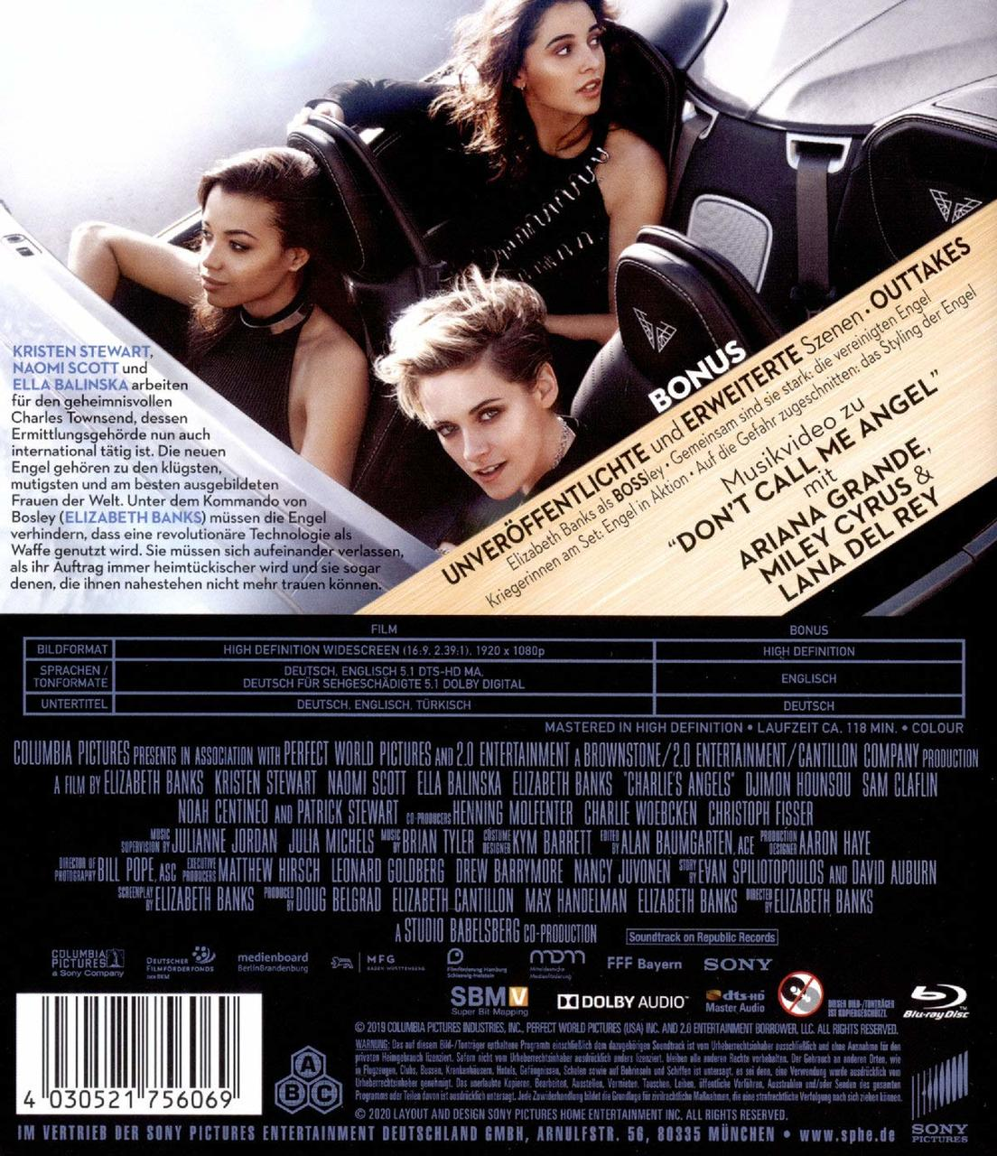Rückseite der DVD des Films Charlie's Angels mit der Besetzung und Details.