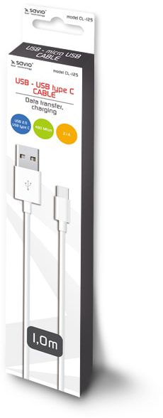 Fehér USB - USB-C kábel csomagolásban, termék részletekkel.