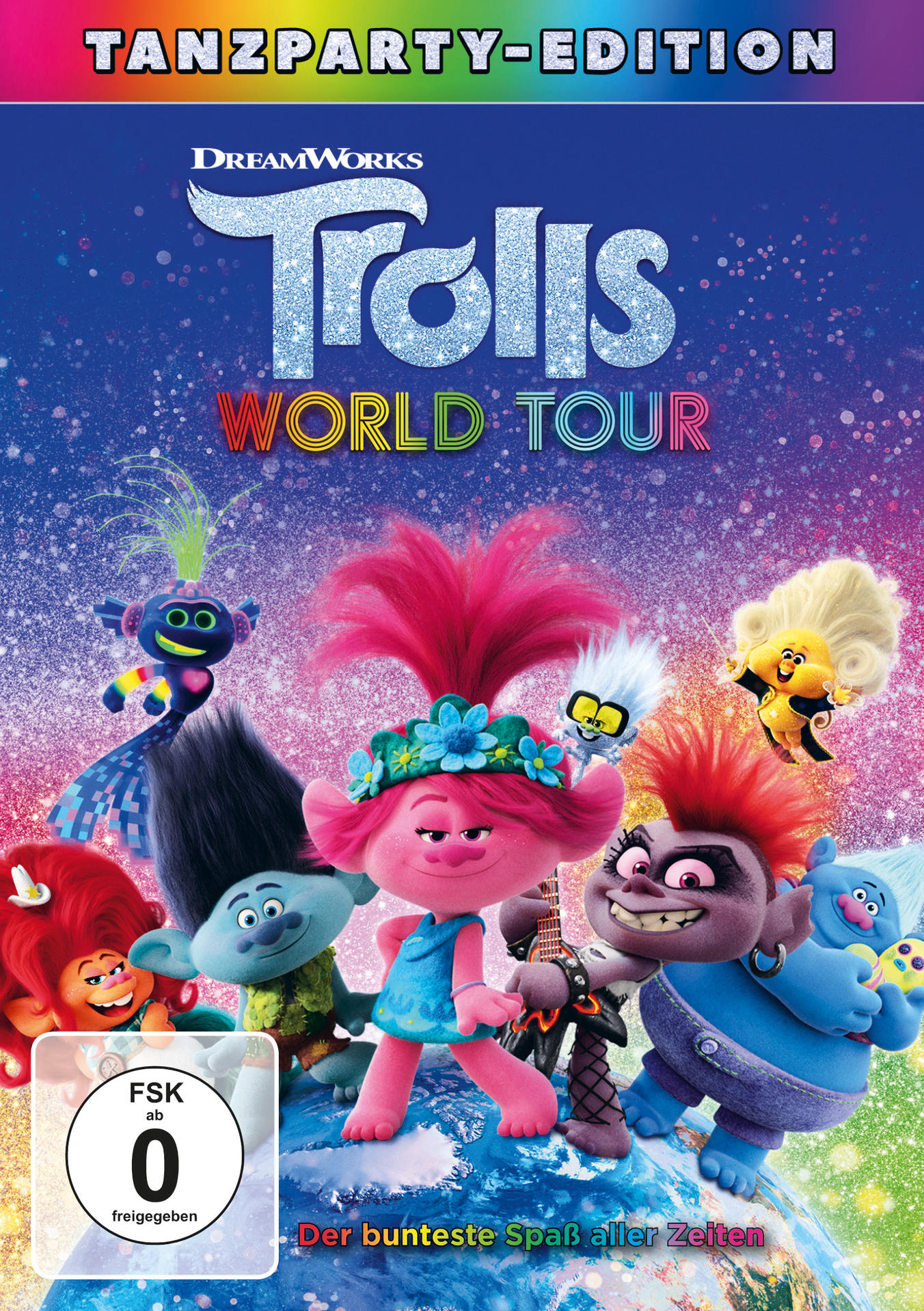 Trolls World Tour DVD-Cover mit bunten animierten Figuren. Text auf Deutsch.