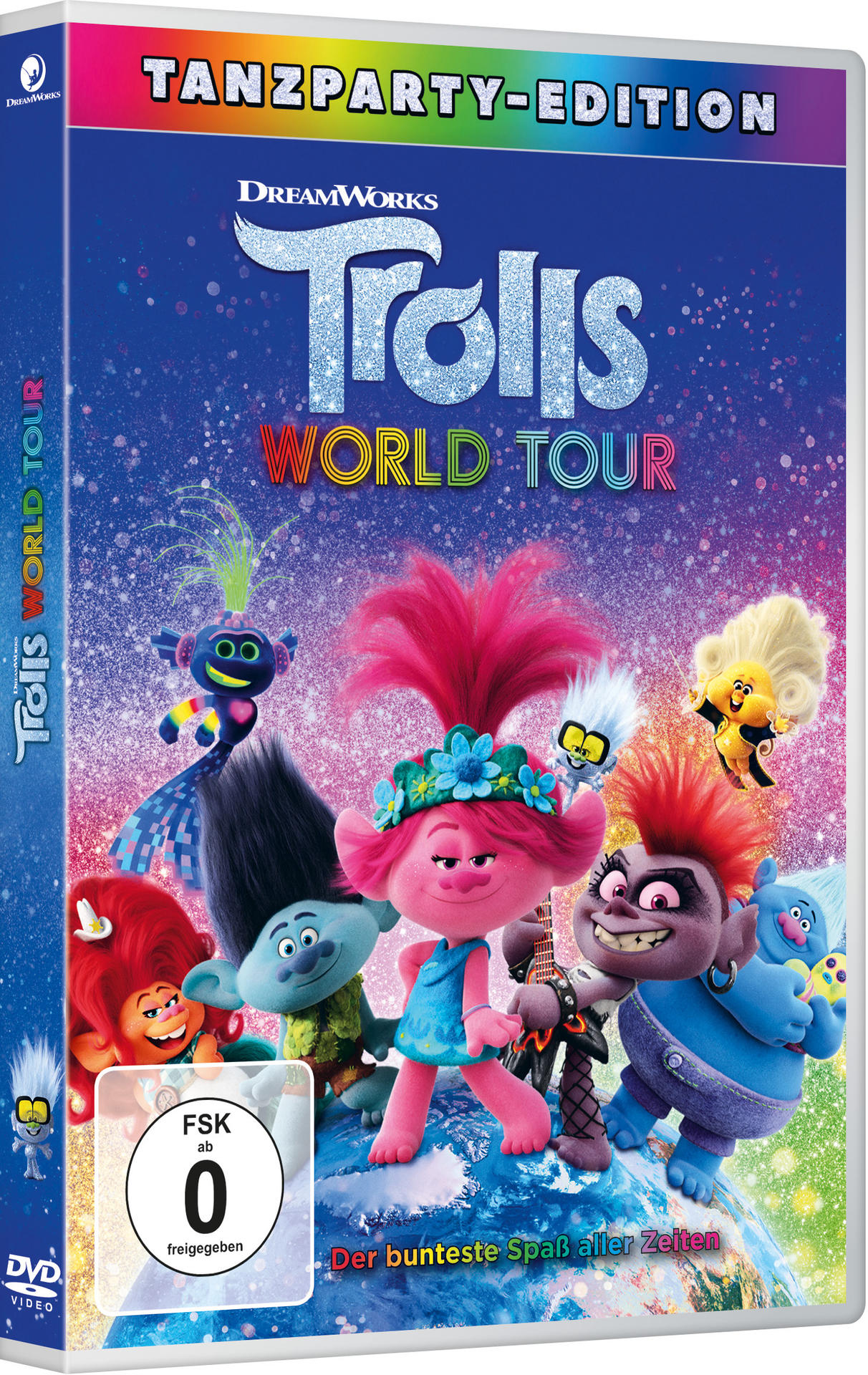 Trolls World Tour DVD-Cover. Bunte Charaktere auf glitzerndem Hintergrund. Text: Tanzparty-Edition.