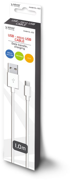 Egy fehér USB kábel a dobozban, USB-micro USB kábel felirattal.