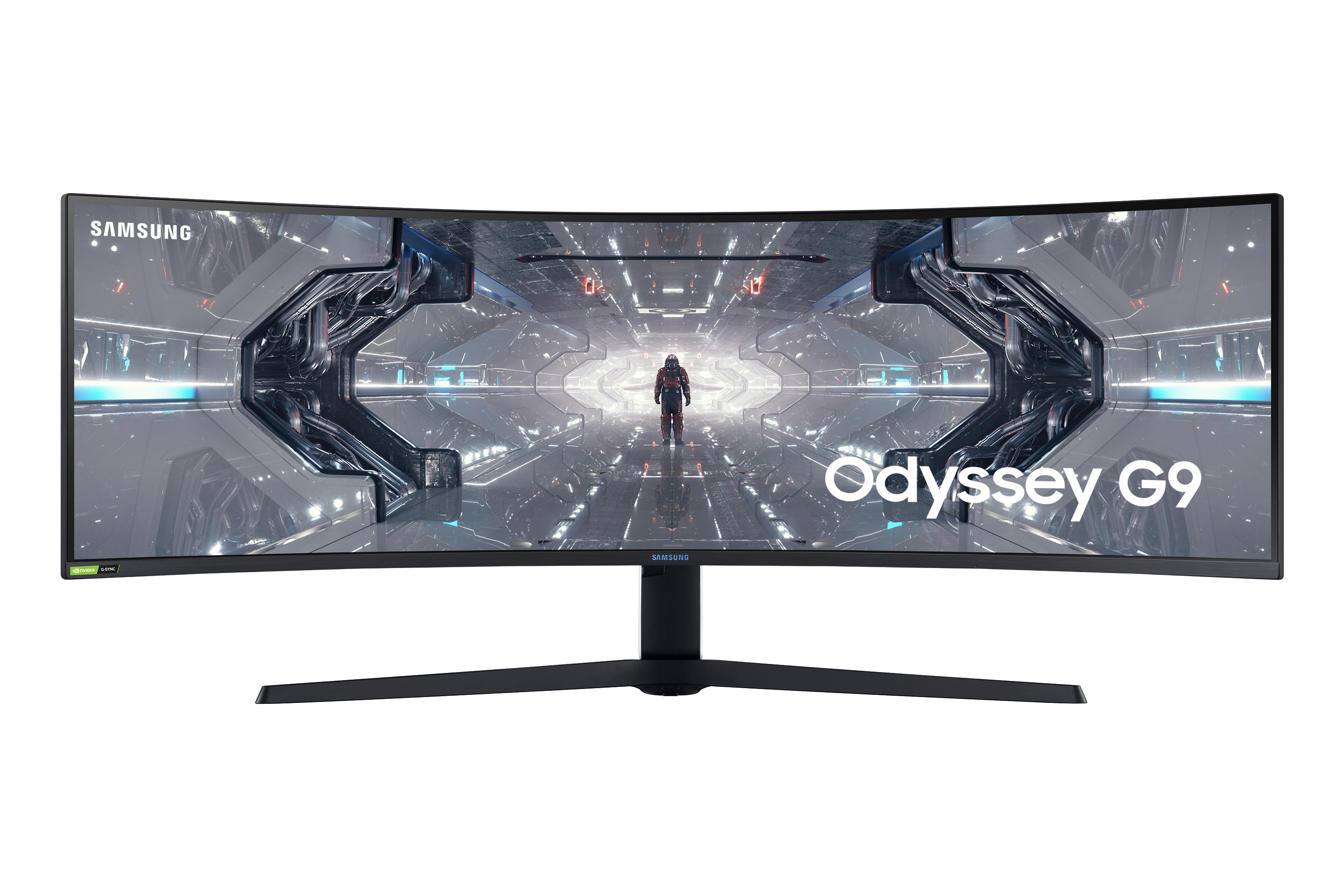 Samsung Odyssey G9 Curved Gaming Monitor. Schwarz mit futuristischem Innenraum-Bild.