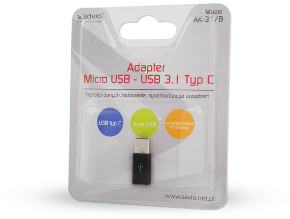 Micro USB - USB-C adapter buborékcsomagolásban. A csomagoláson a márka és a modell adatai láthatók.