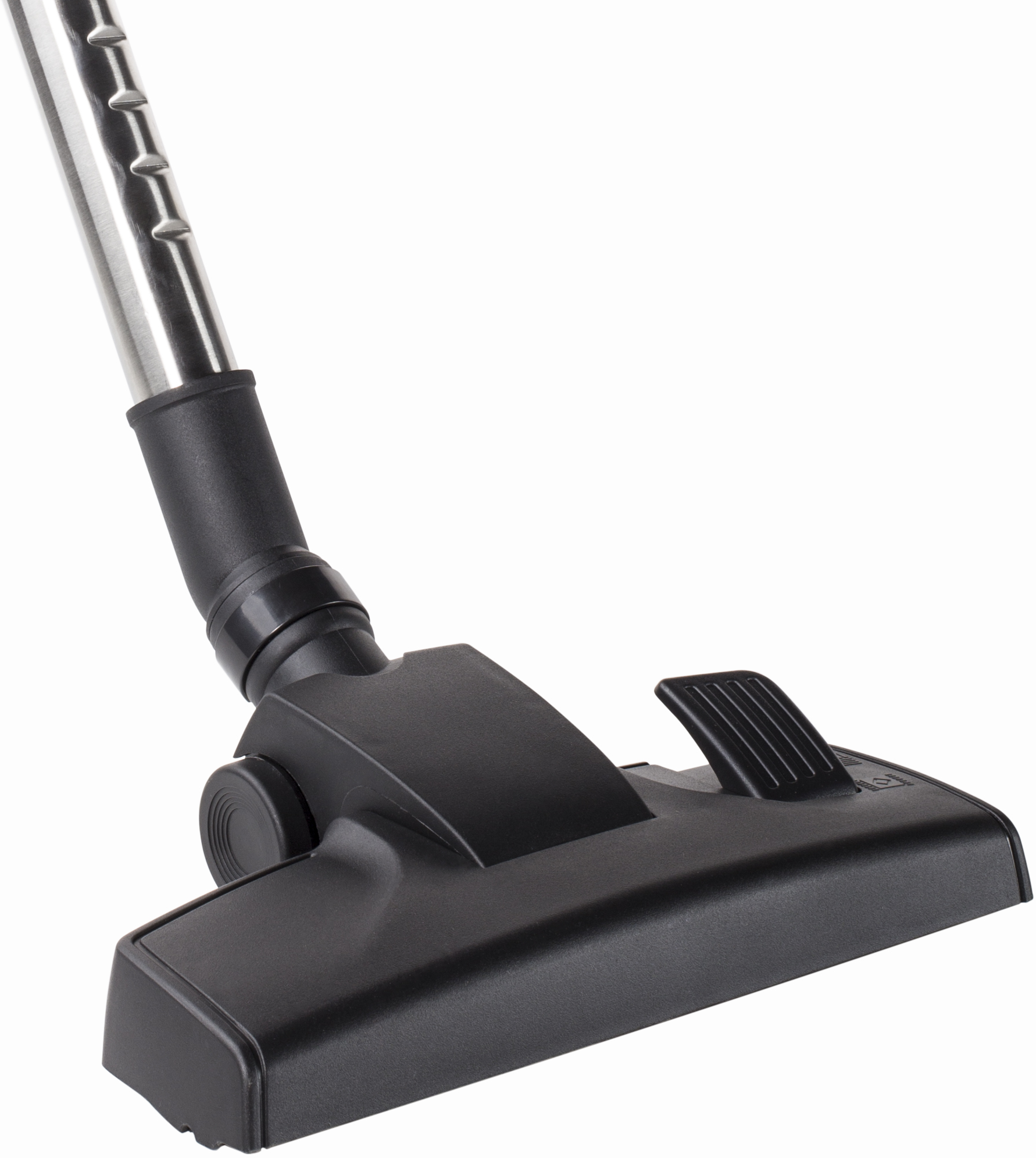 Gros plan d'une tête et d'une poignée d'aspirateur noirs, fond blanc.