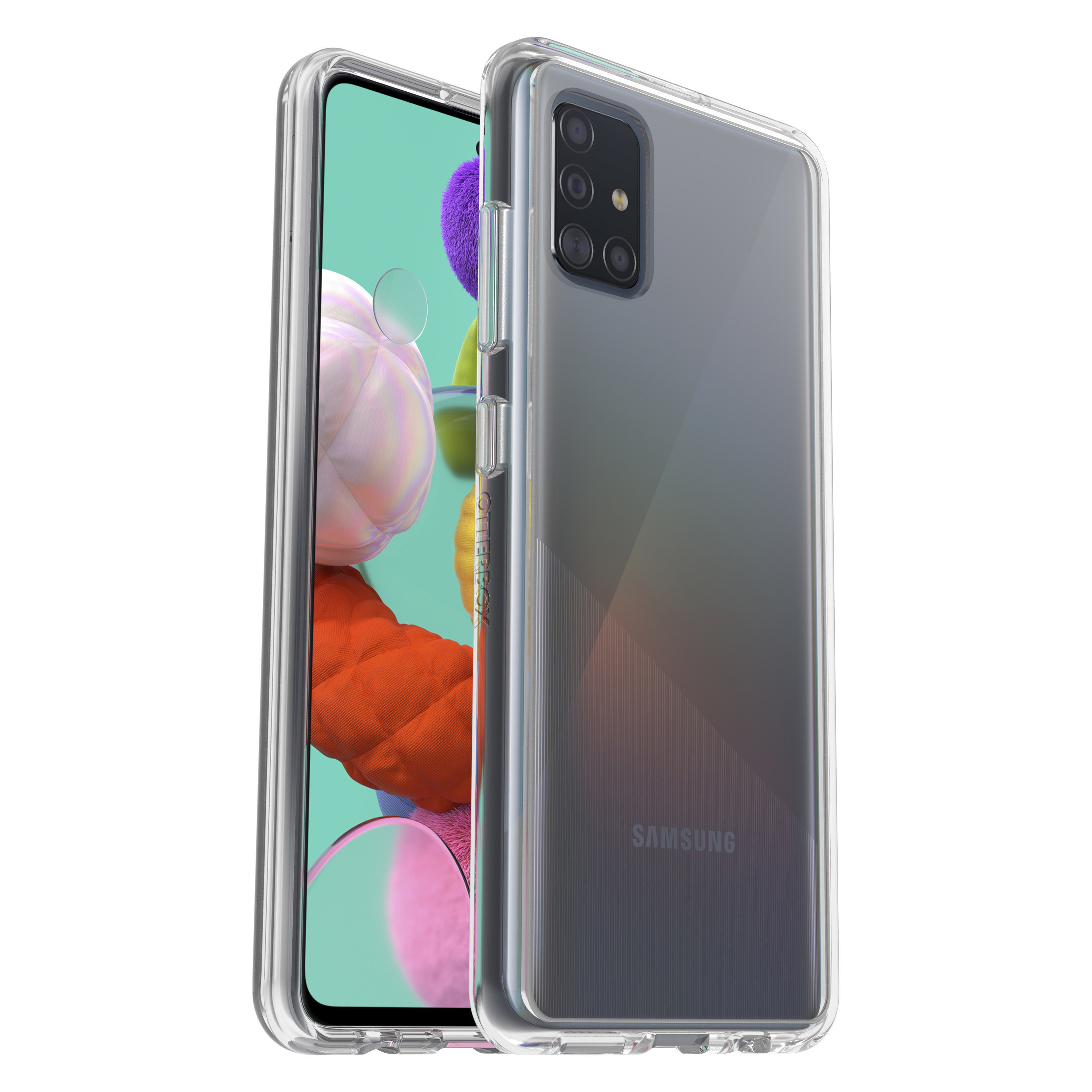 Eine durchsichtige OtterBox-Handyhülle mit einem Telefon darin, das die Rückseite zeigt.