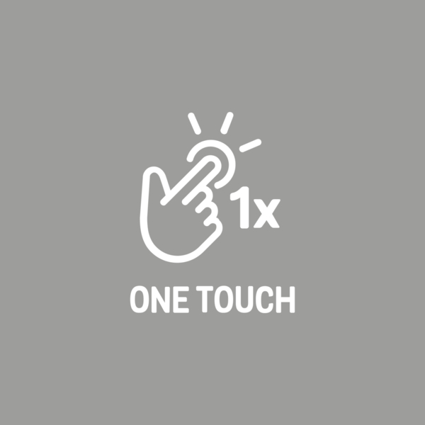 Hand mit Finger, der einen Kreis mit Strahlen berührt und dem Text 'ONE TOUCH 1x' auf grauem Grund.