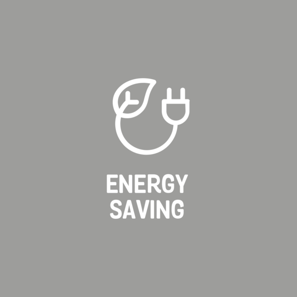 Weißes Symbol mit Blatt und Stecker. Text 'ENERGIE SPAREN' darunter auf grauem Hintergrund.