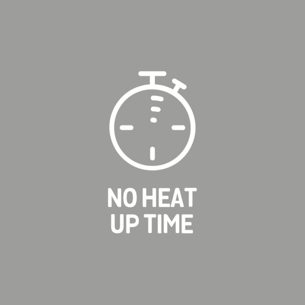 Weißes Stoppuhr-Symbol mit Text 'NO HEAT UP TIME'.