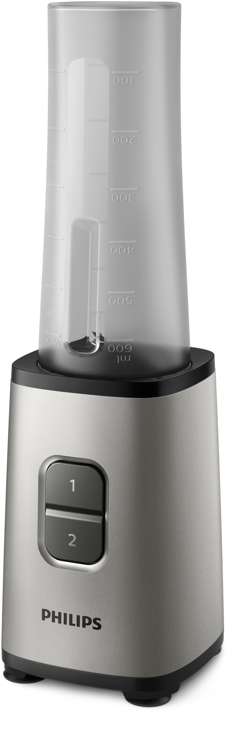 Silber-schwarzer Mixer. Er hat 2 Tasten und einen Messbecher.