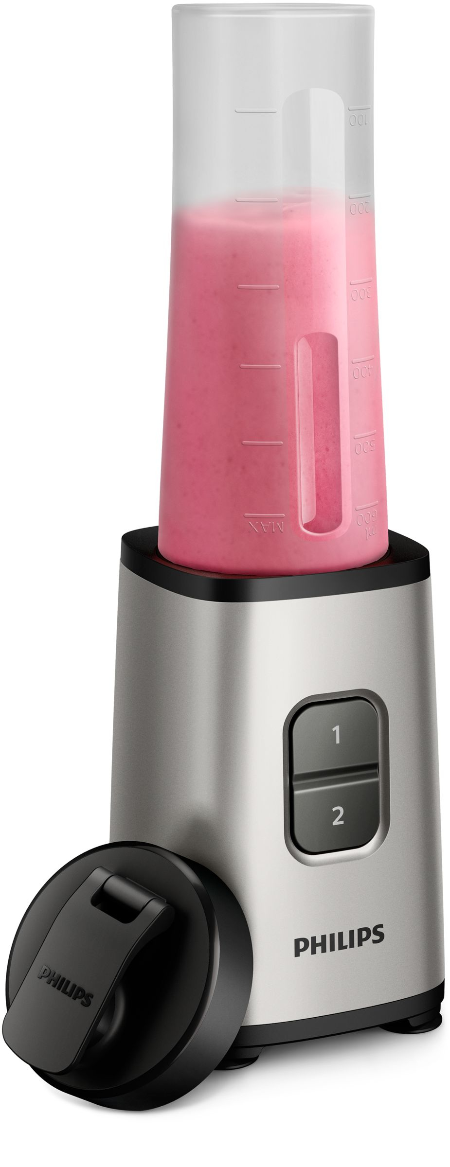 Ein silberner Mixer mit pinkfarbenem Smoothie, Knöpfen und einem schwarzen Deckel.