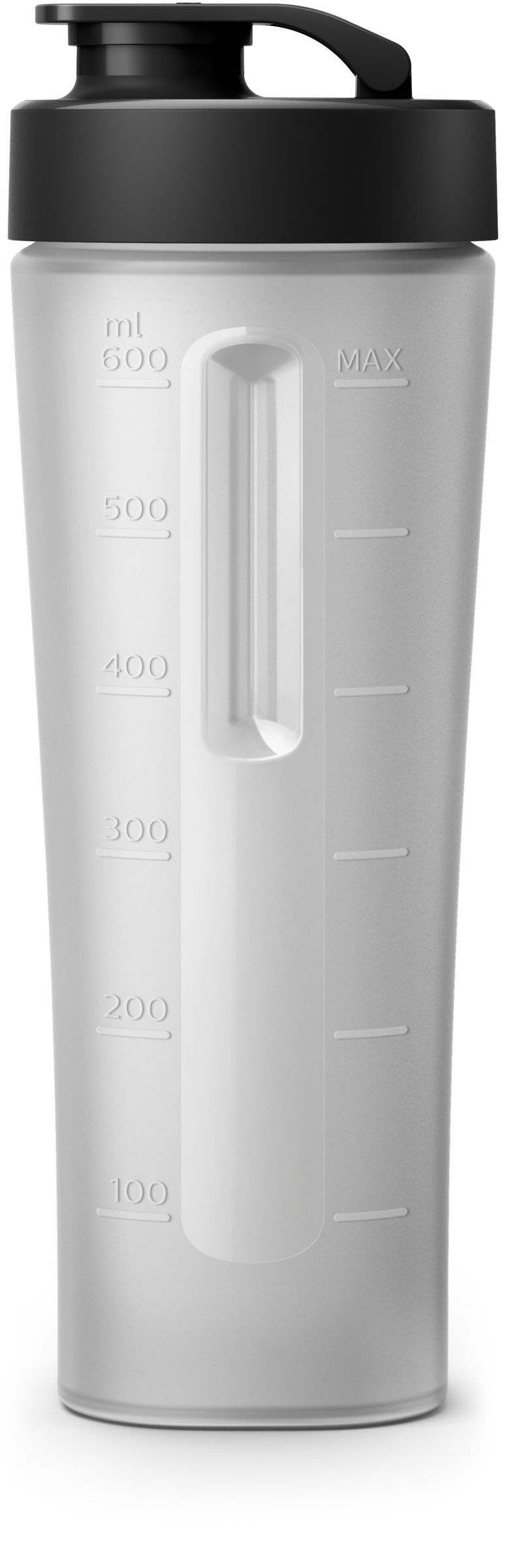 Weiße Wasserflasche mit Messungen und schwarzem Deckel, Seitenansicht.